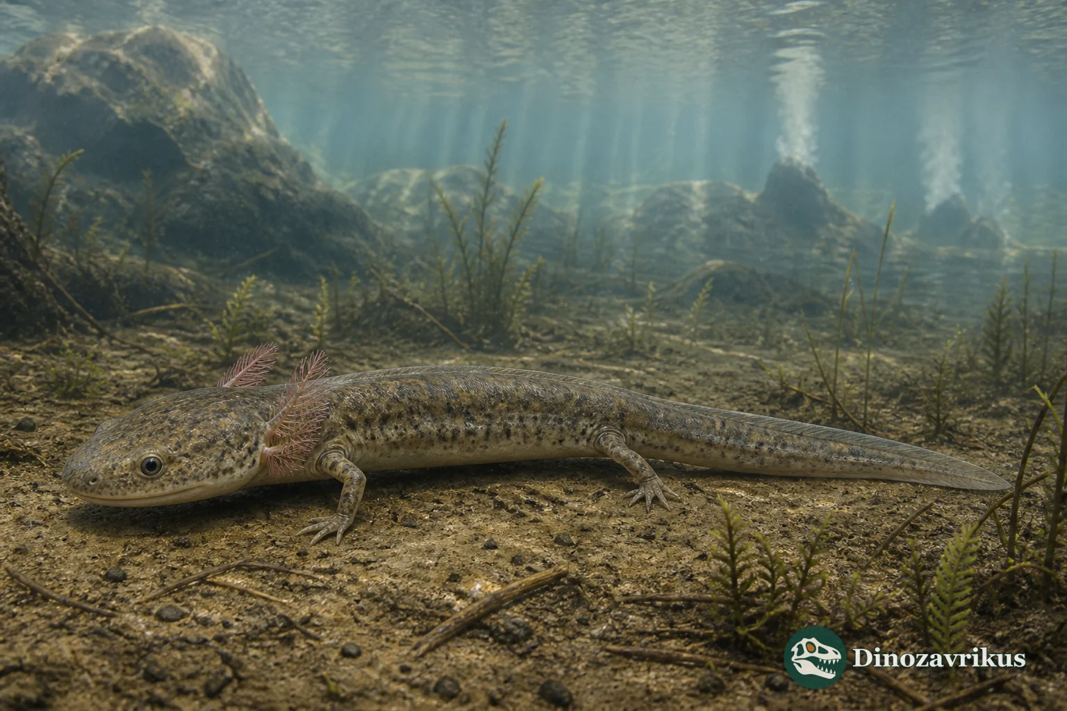 Qinglongtriton gangouensis swimming in a Late Jurassic lake in northern China