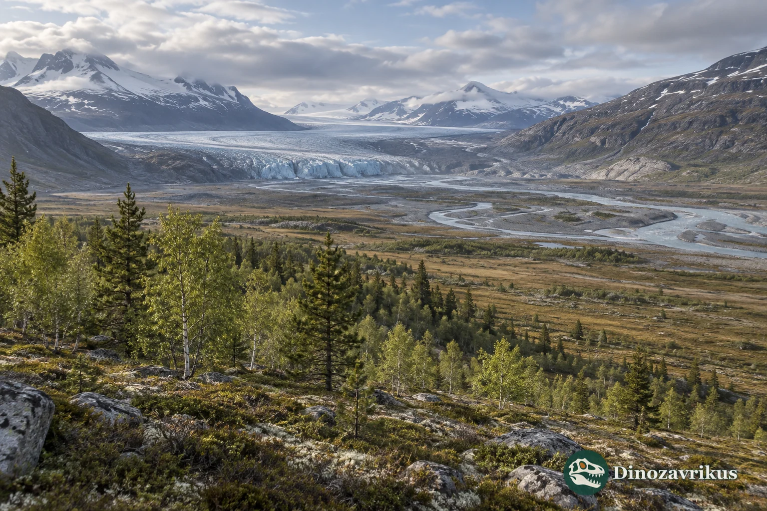 Valley with a retreating glacier, tundra-steppe and advancing birch-pine forest
