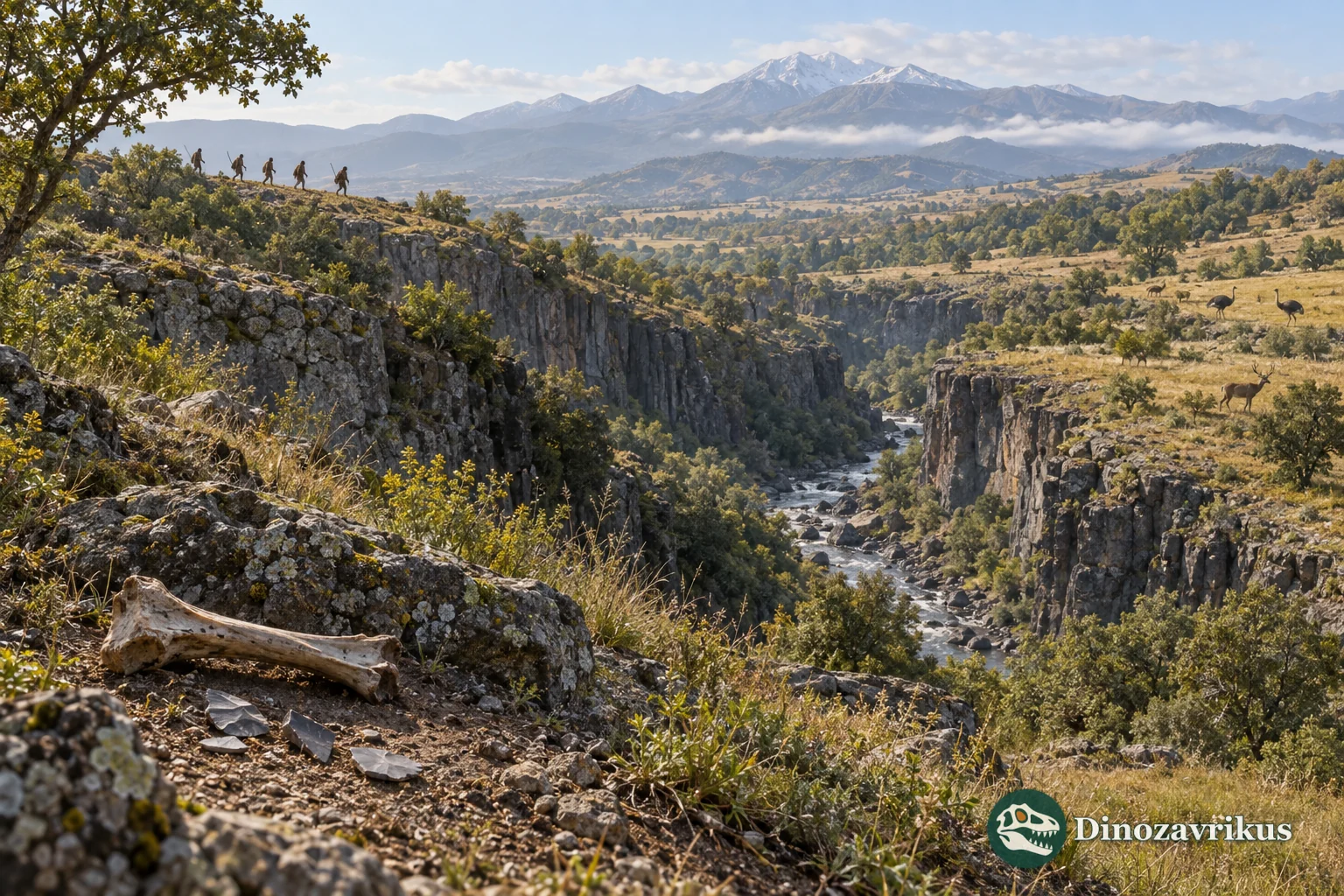 Early Pleistocene Dmanisi landscape with stone flakes and distant early humans