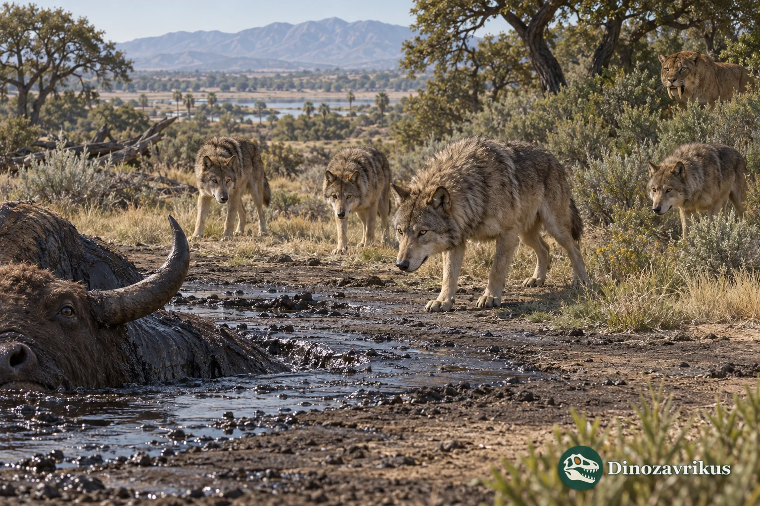 Natural asphalt seep at La Brea with dire wolves and Smilodon