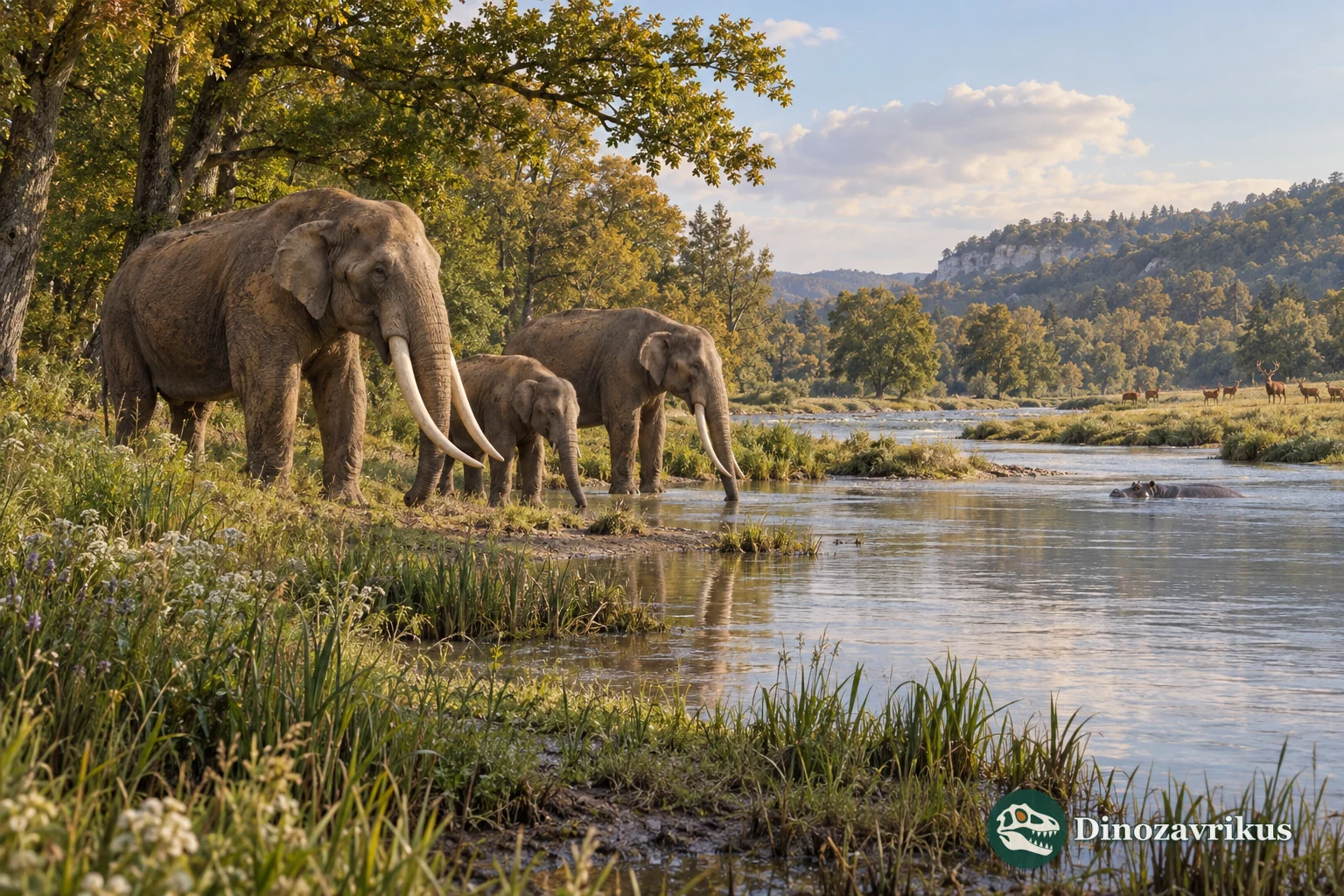 Straight-tusked elephants and a hippopotamus in a northern European river valley