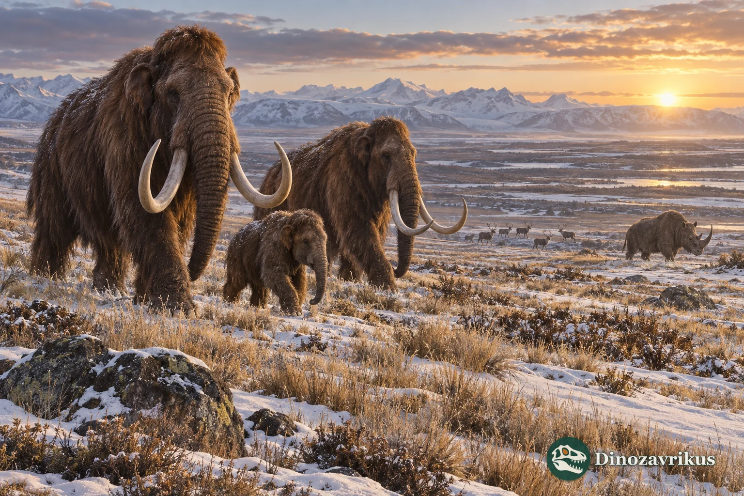 Pleistocene mammoth steppe with mammoths, horses and bison