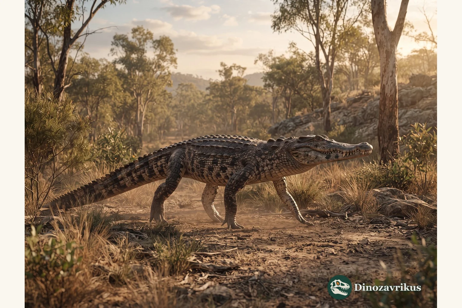 Quinkana reconstructed moving through a Pleistocene Australian woodland
