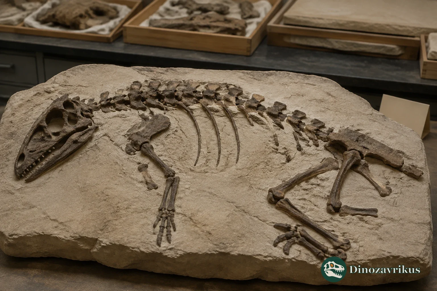 A rare dinosaur fossil skeleton displayed in a museum collection