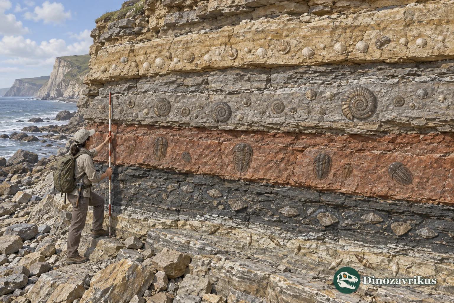 A geologist measures fossil-rich sedimentary rock beds exposed in a coastal cliff