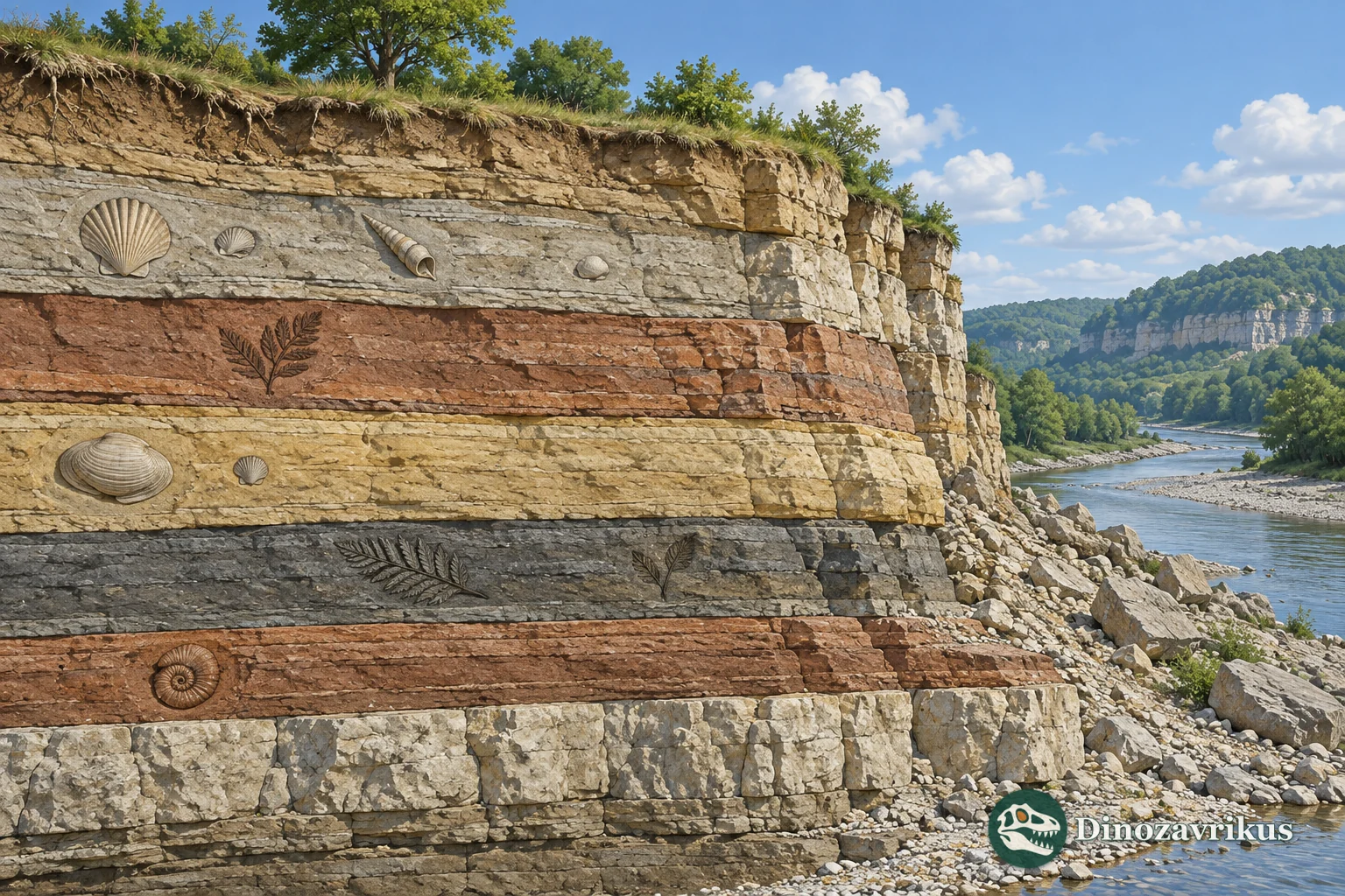 Sedimentary rock layers with fossil shells and plant impressions exposed in a river cliff