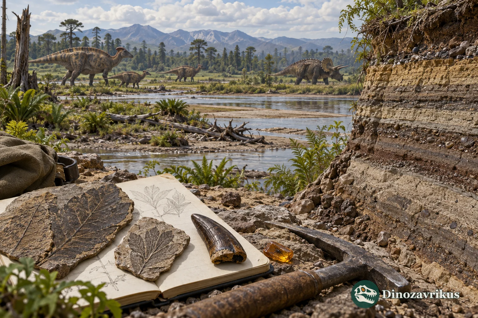 Dinosaur-era floodplain with a field notebook, fossils and a riverbank exposing sediment layers