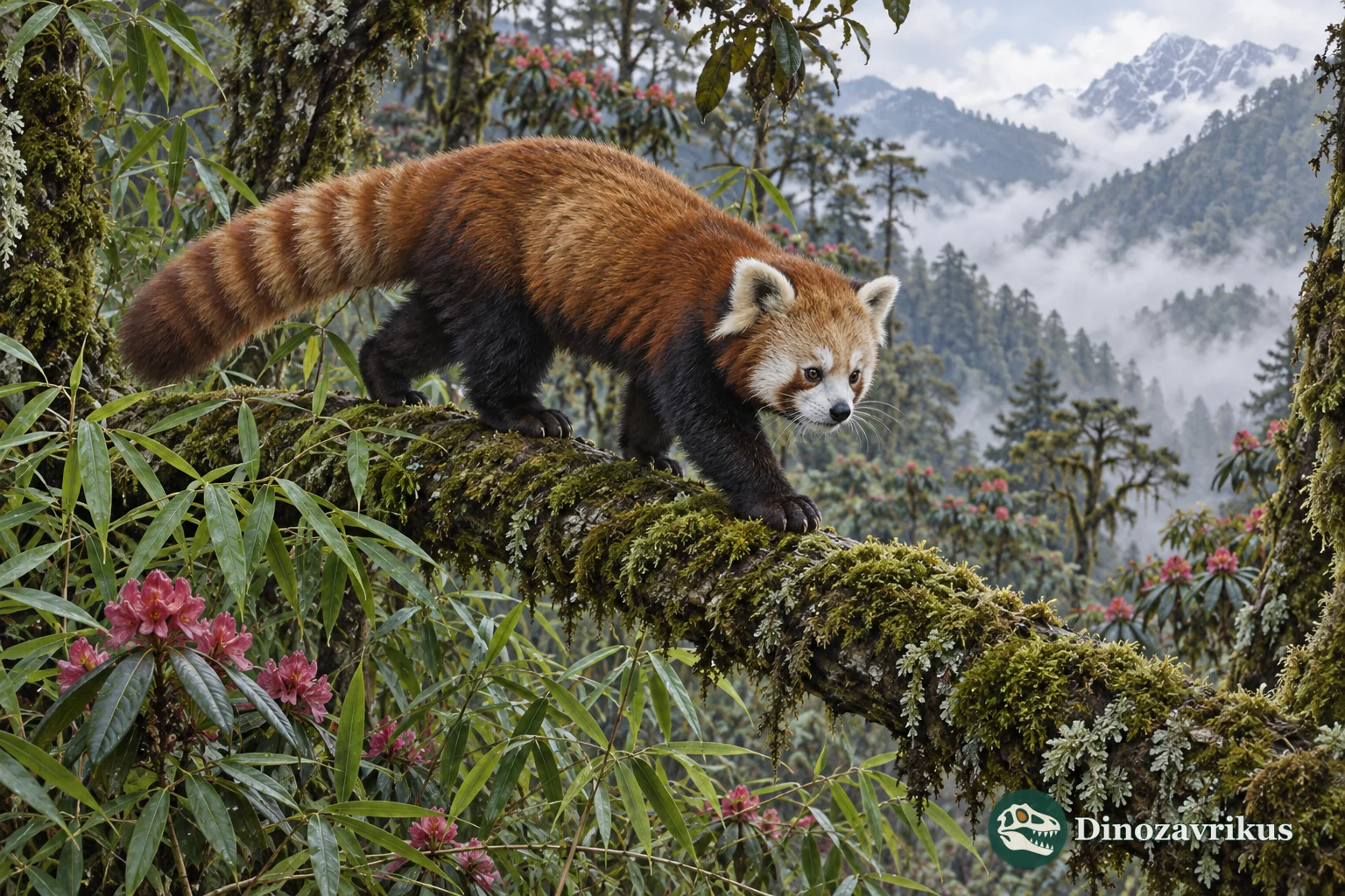 Red panda moving through a misty Himalayan forest with bamboo understory