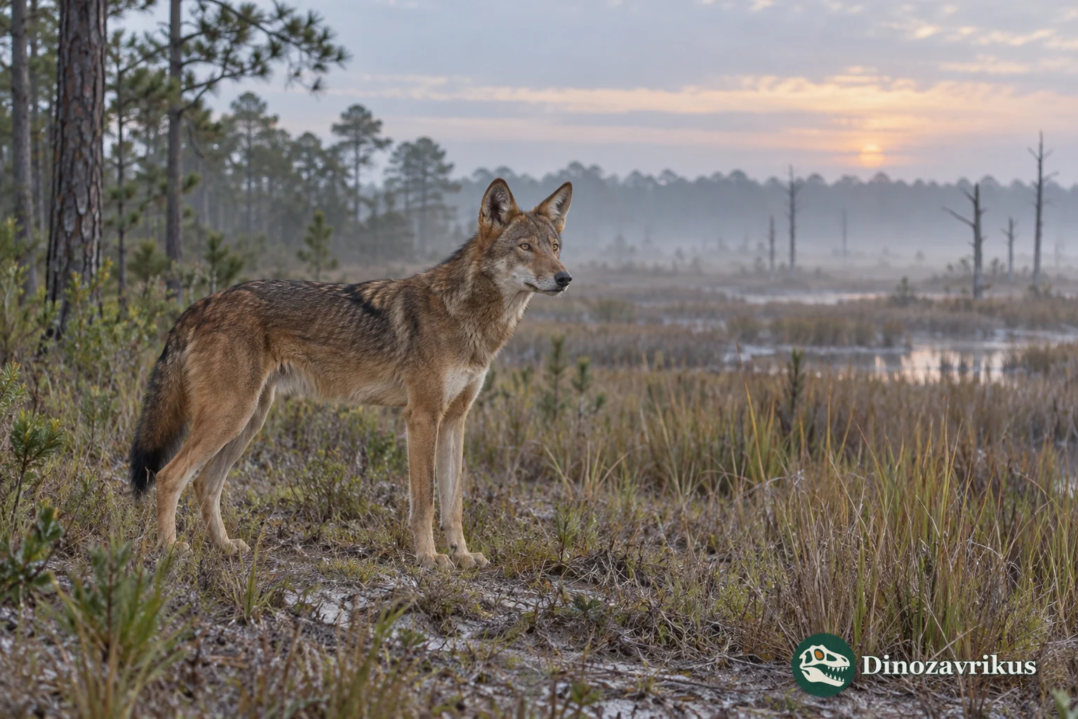 Red wolf standing at the edge of a coastal plain wetland in North Carolina