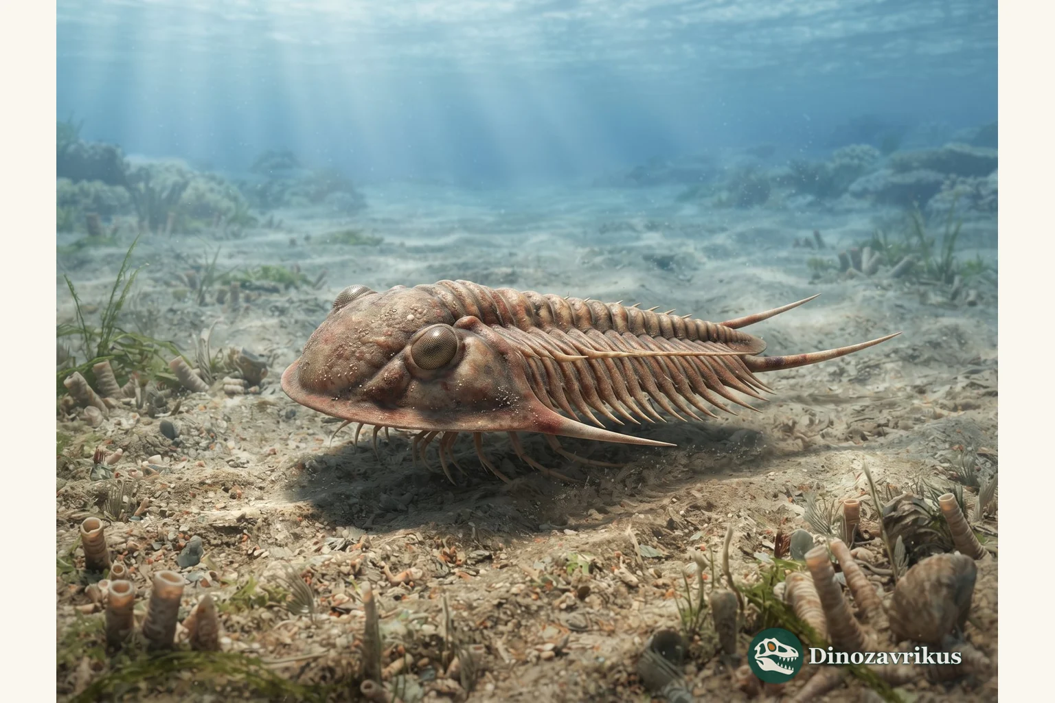 Redlichia trilobite reconstructed above the Cambrian seafloor with a broad head shield and long pleural spines