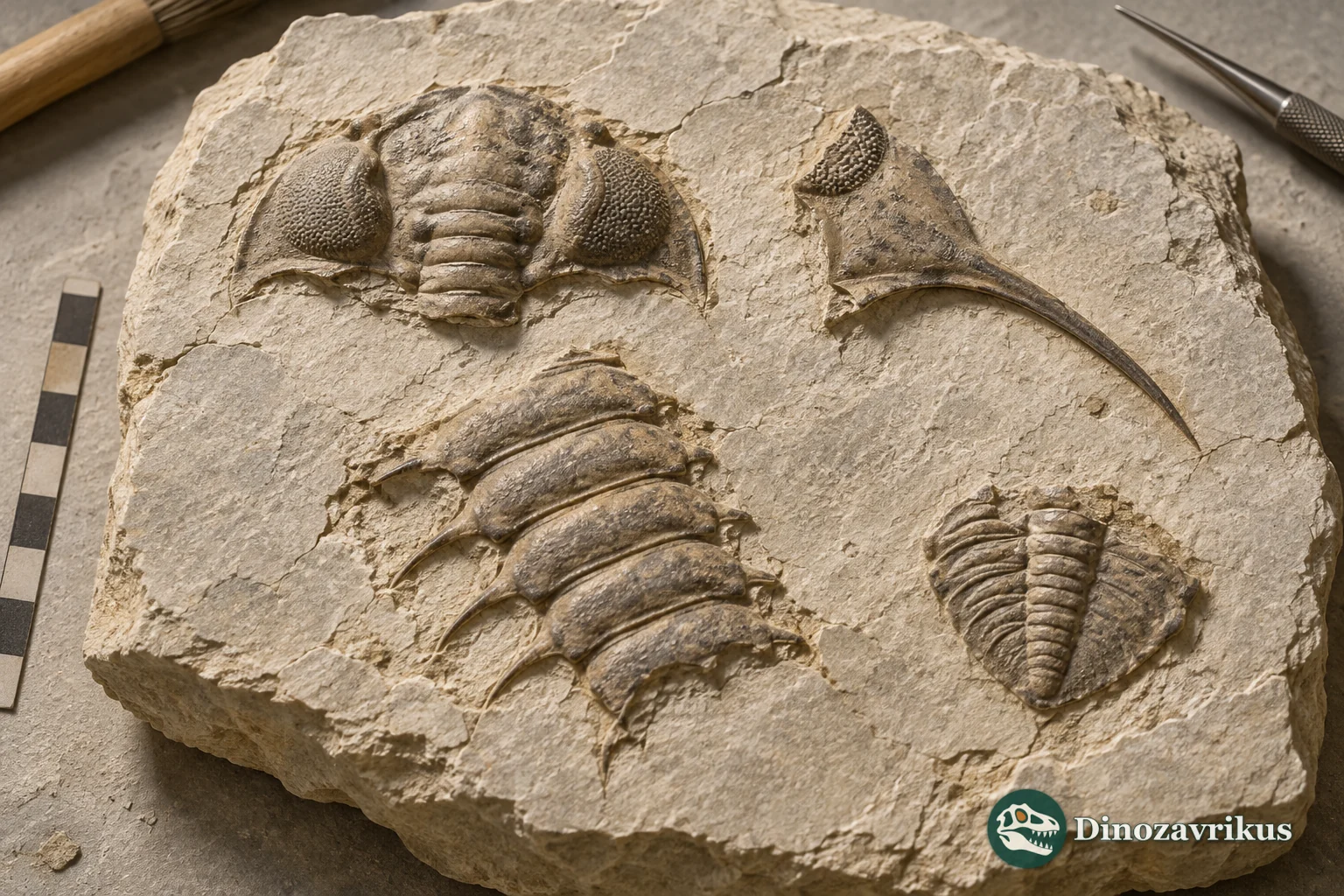 Illustrated plate showing separated head, thoracic and tail-shield elements of Remopleurides