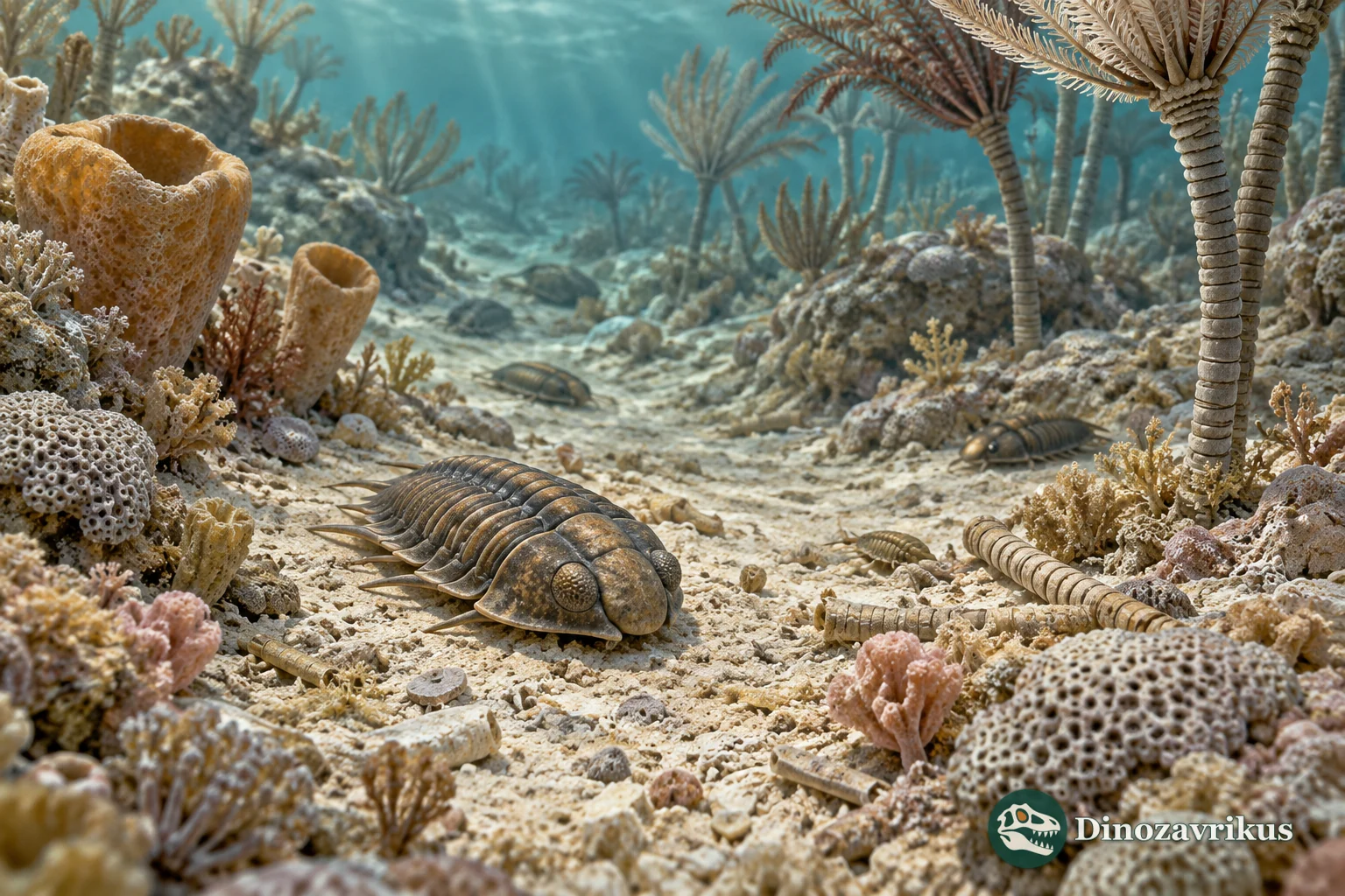Illustrated Ordovician marine community with Remopleurides near the seabed