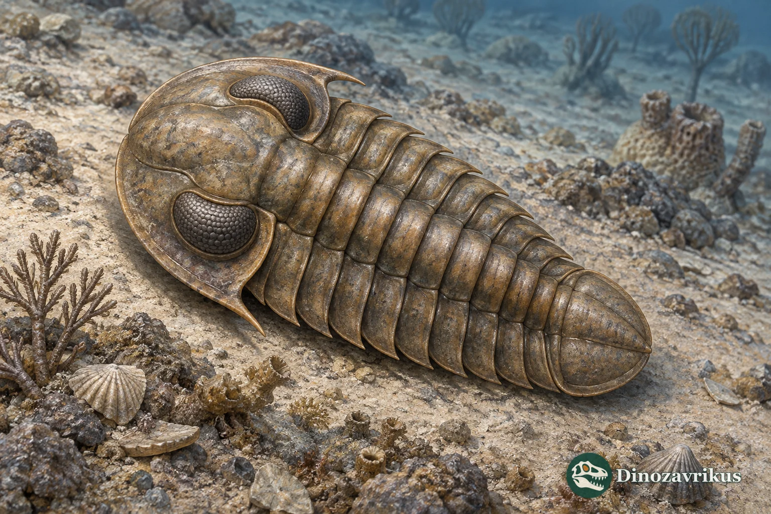Illustrated Remopleurides trilobite moving over an Ordovician seafloor