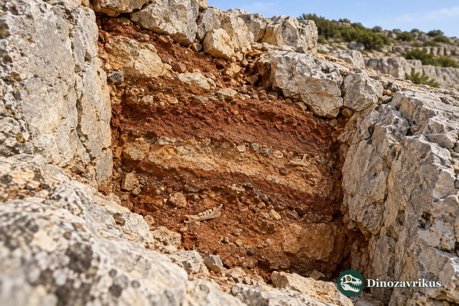 Illustrative limestone fissure containing sediment and small rodent remains
