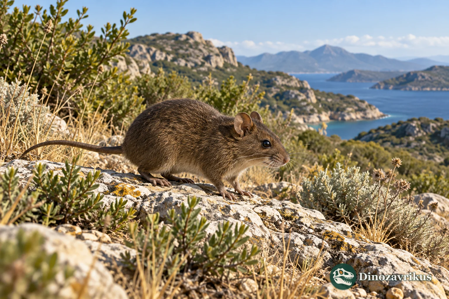 Artistic reconstruction of a small Rhagamys mouse in Mediterranean limestone scrub