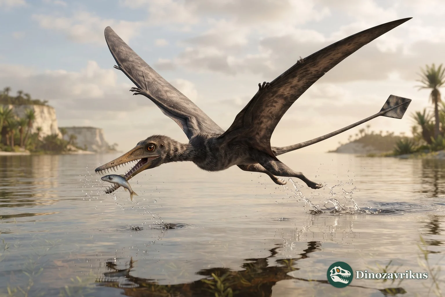 Reconstruction of Rhamphorhynchus catching a fish above a Jurassic lagoon