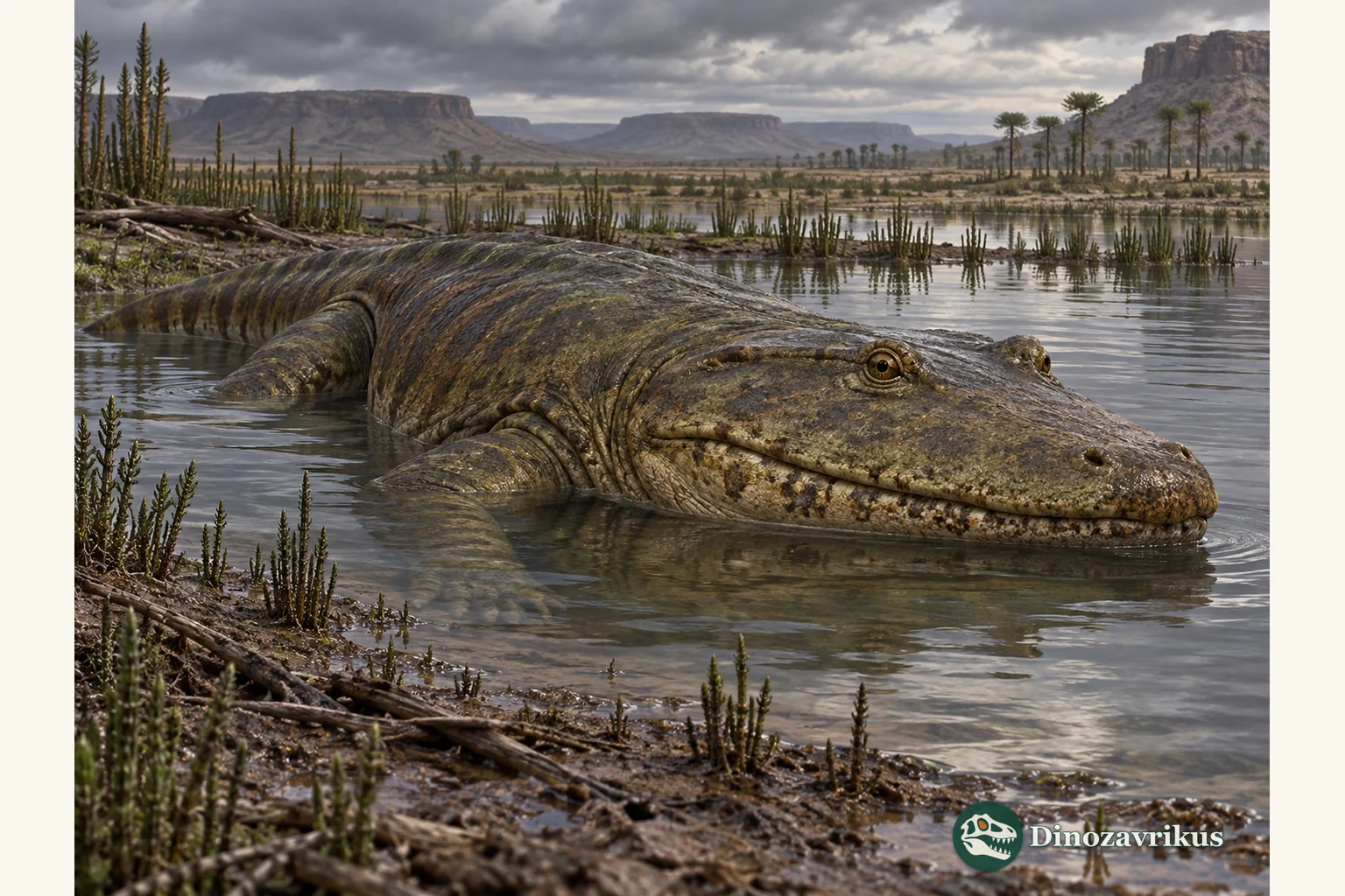 Rhinesuchus reconstructed at the edge of a Late Permian Karoo pool