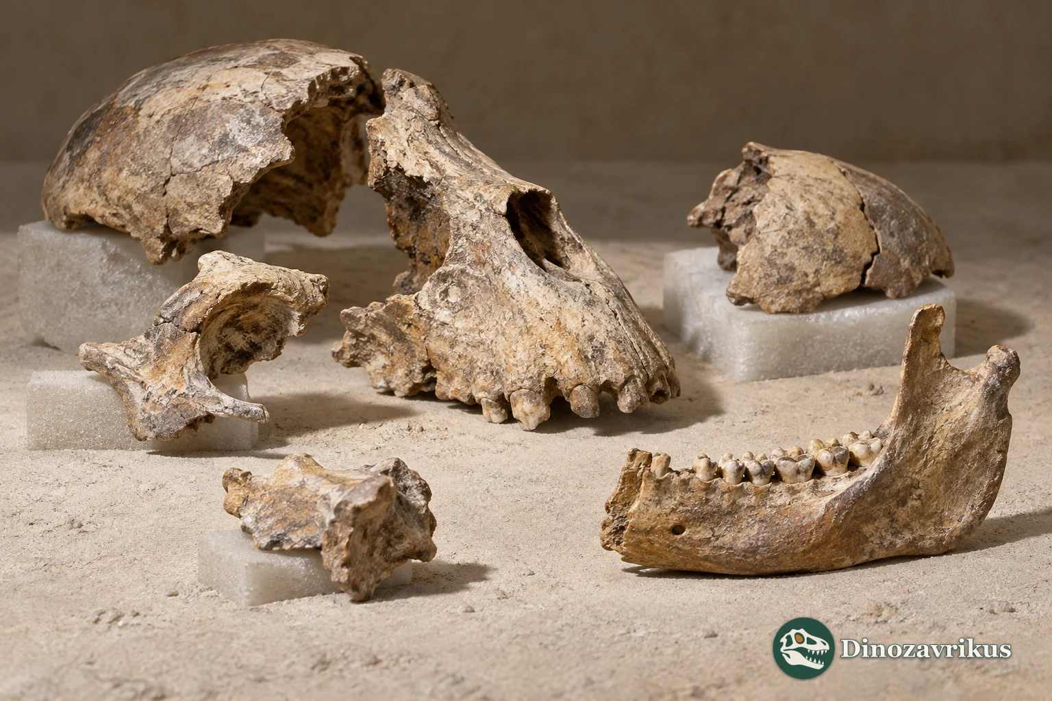 Illustrative separated fossil monkey cranial fragments