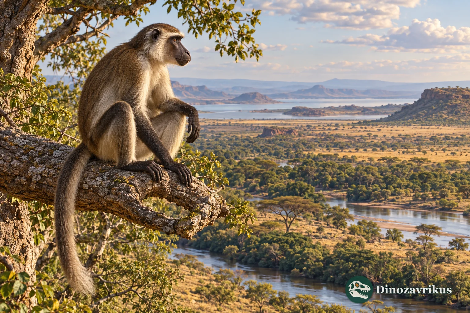 Artistic reconstruction of Rhinocolobus on a tree above an ancient East African lake