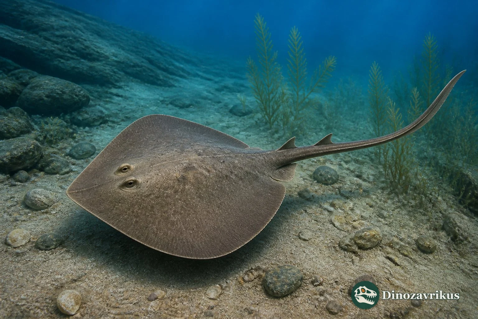 Rhombodus binkhorsti reconstructed over a Late Cretaceous sea floor