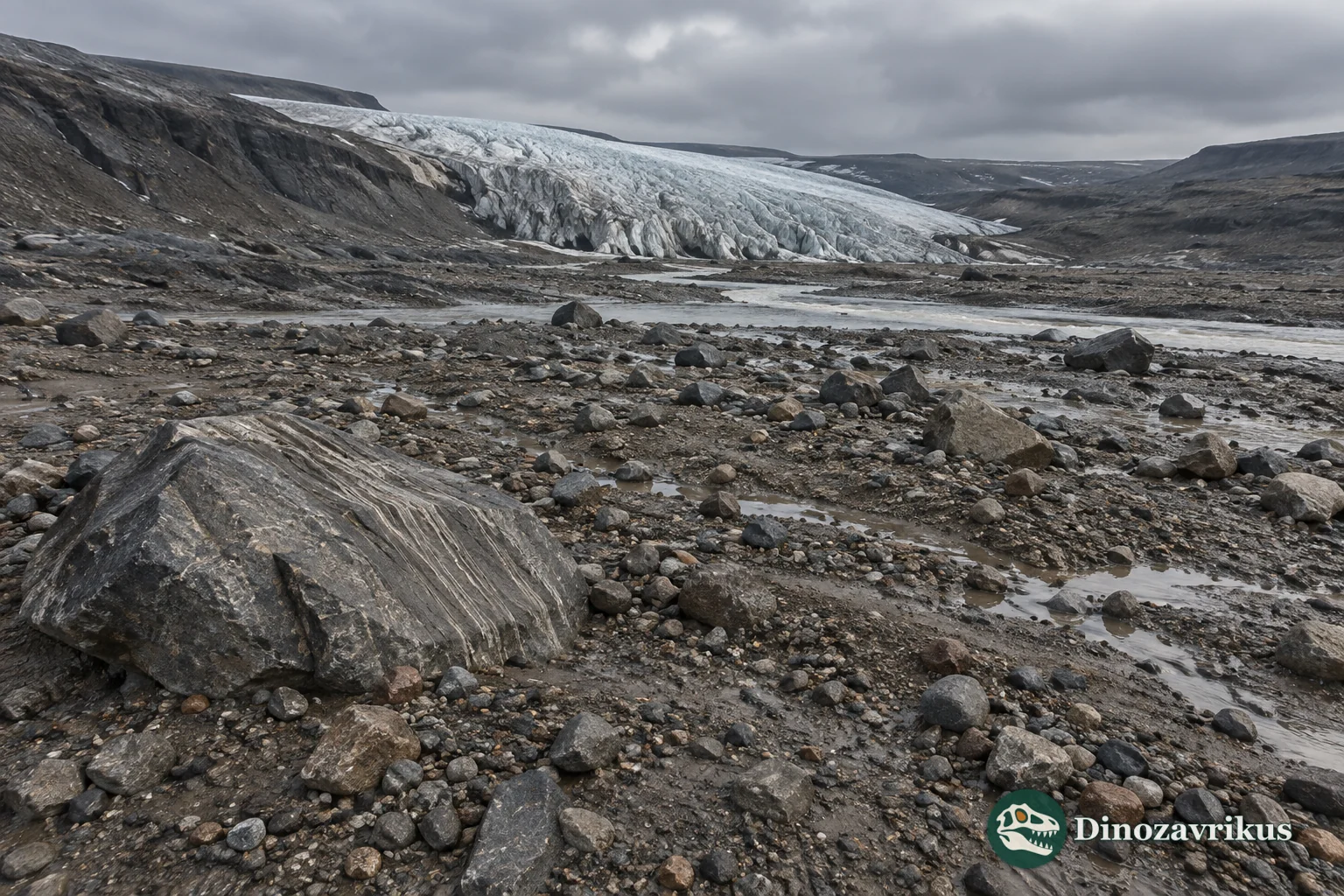 A retreating Rhyacian glacier leaving unsorted debris and meltwater