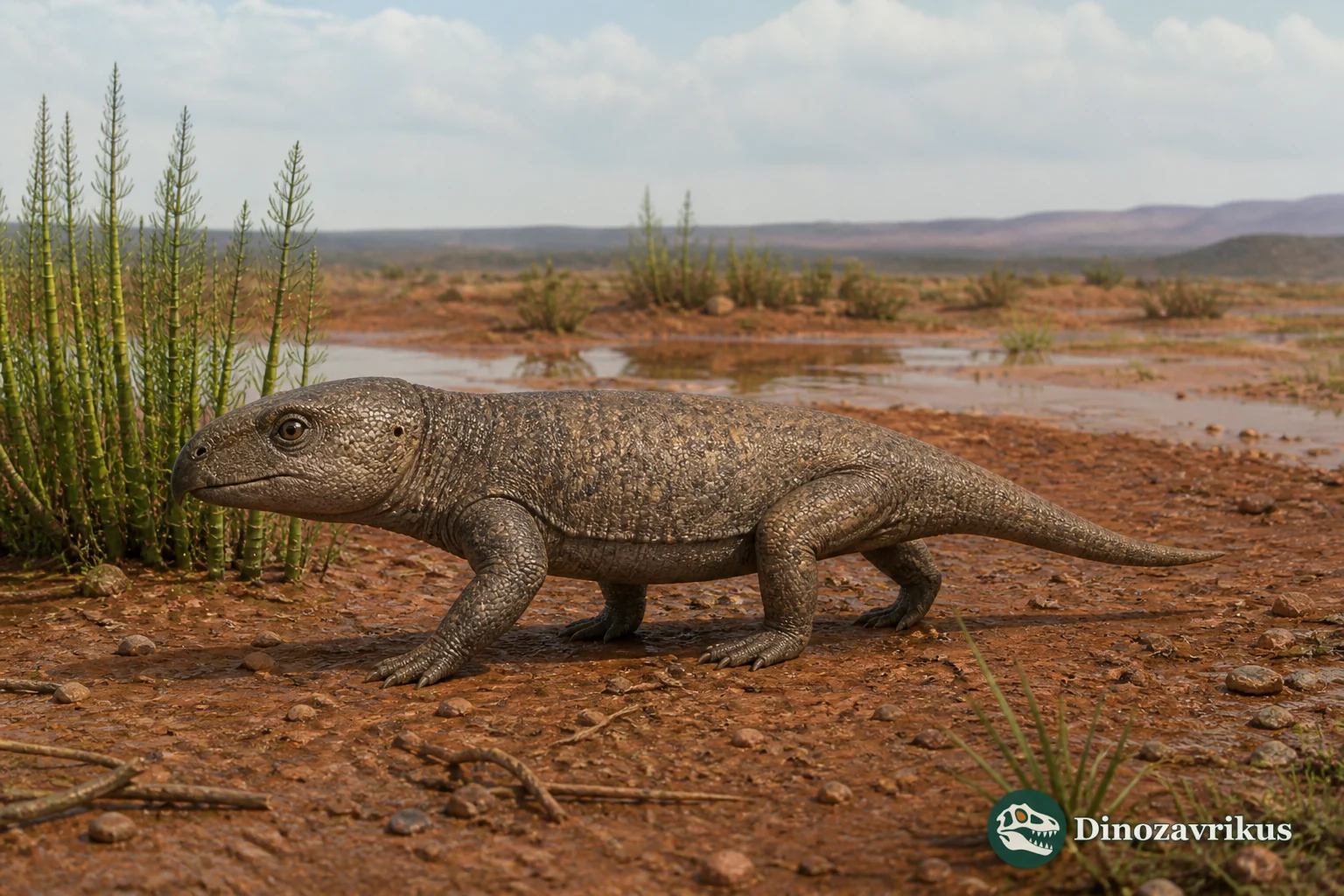 Rhynchosaurus walking across a Middle Triassic floodplain in England