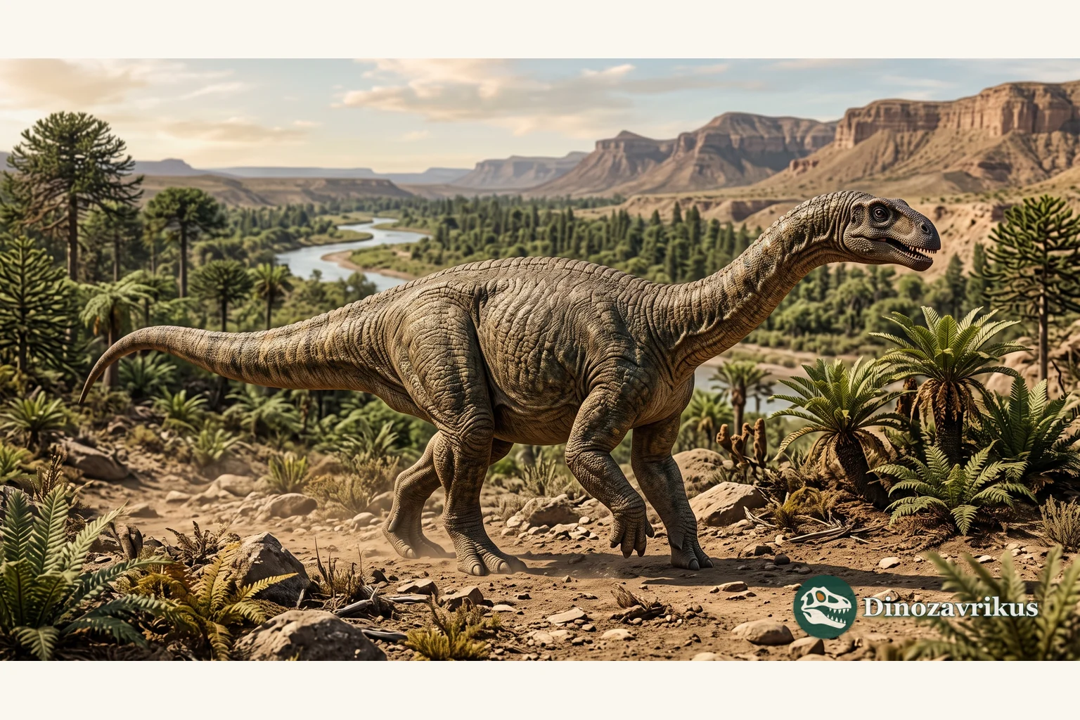Riojasaurus reconstructed on a Late Triassic floodplain in Argentina