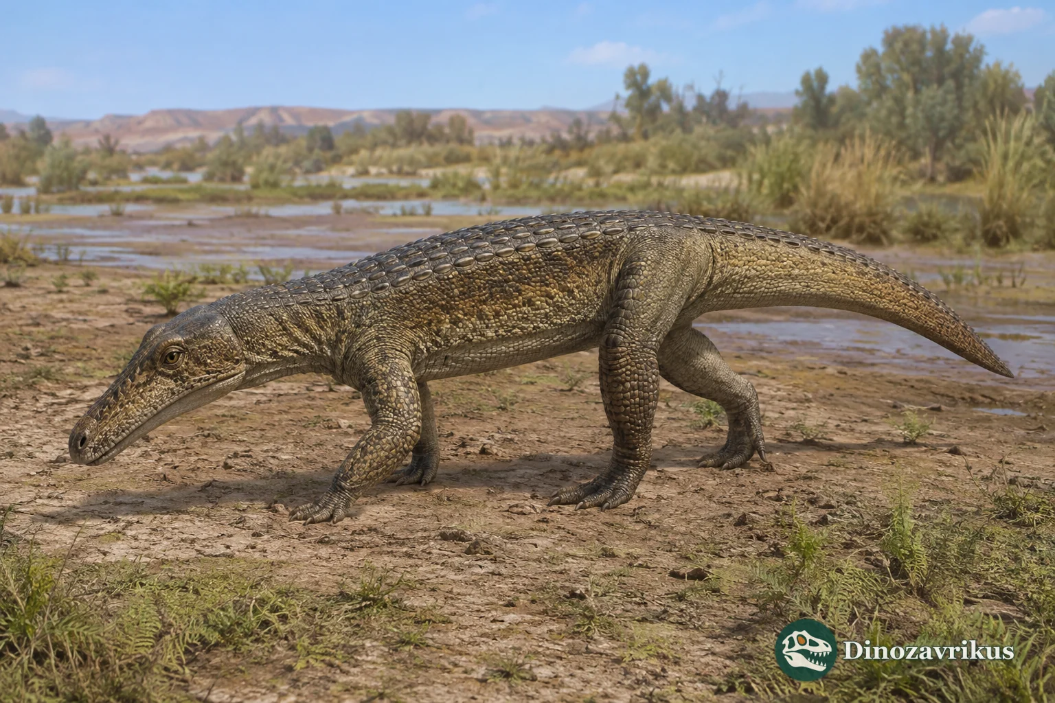 Riojasuchus tenuisceps walking across a Late Triassic plain in Argentina
