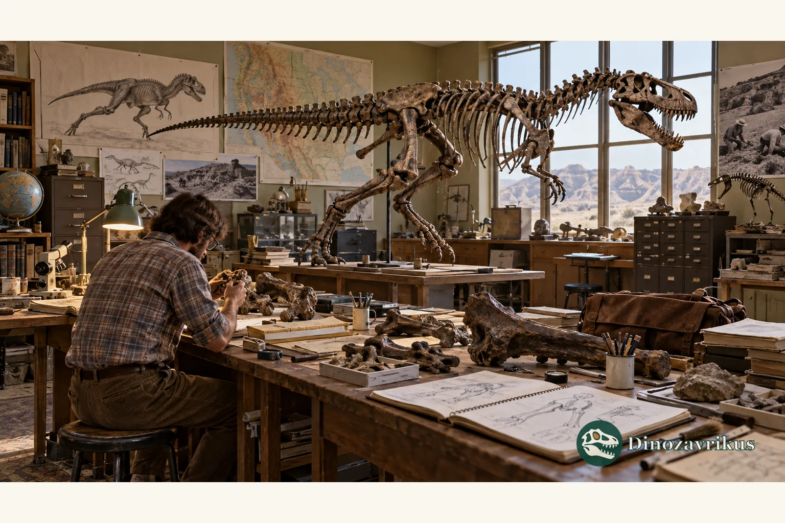 A palaeontology researcher studying a dinosaur skeleton in a historical museum laboratory