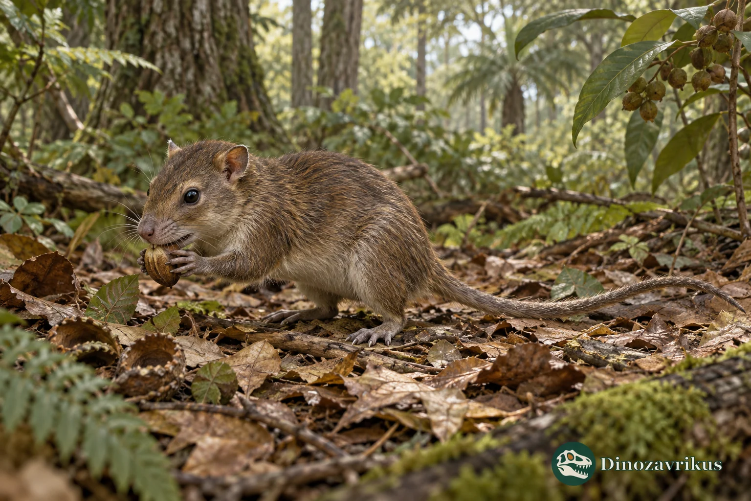 Artistic reconstruction of a small early rodent feeding among Eocene forest leaves