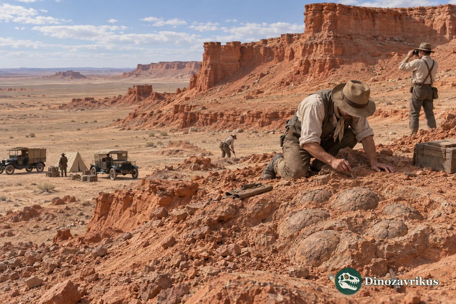 Illustrative 1920s field expedition at the Flaming Cliffs of the Gobi Desert
