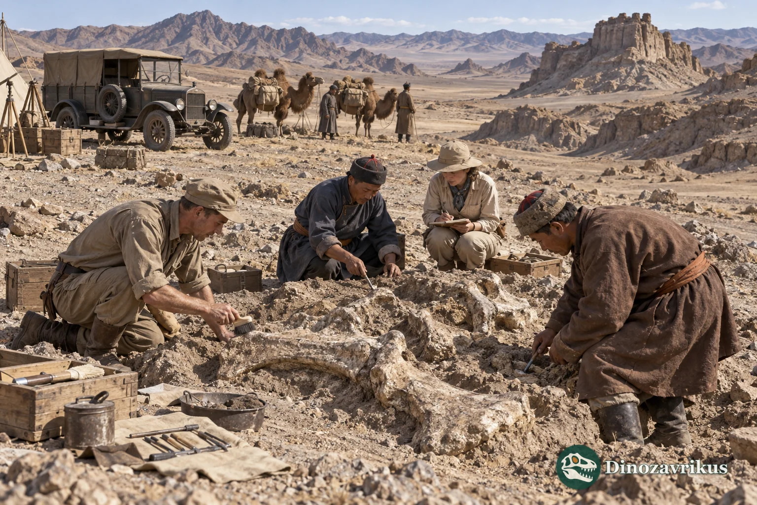 A historical fossil field party recording an exposed specimen