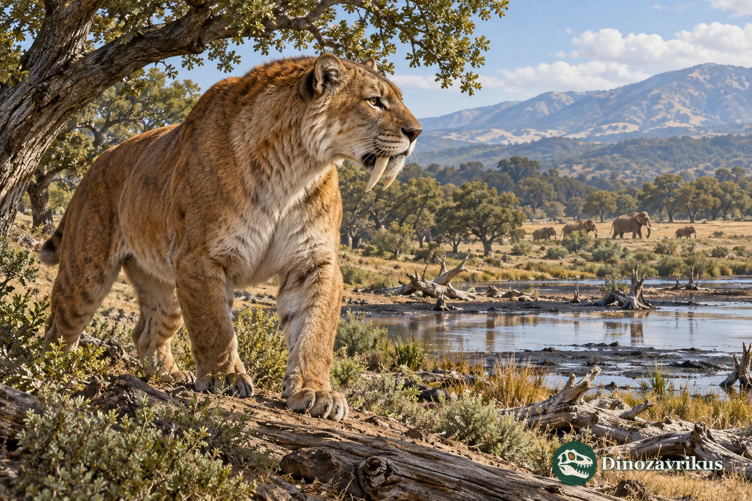 A Smilodon with long upper canines and powerful forelimbs standing over a Pleistocene grassland