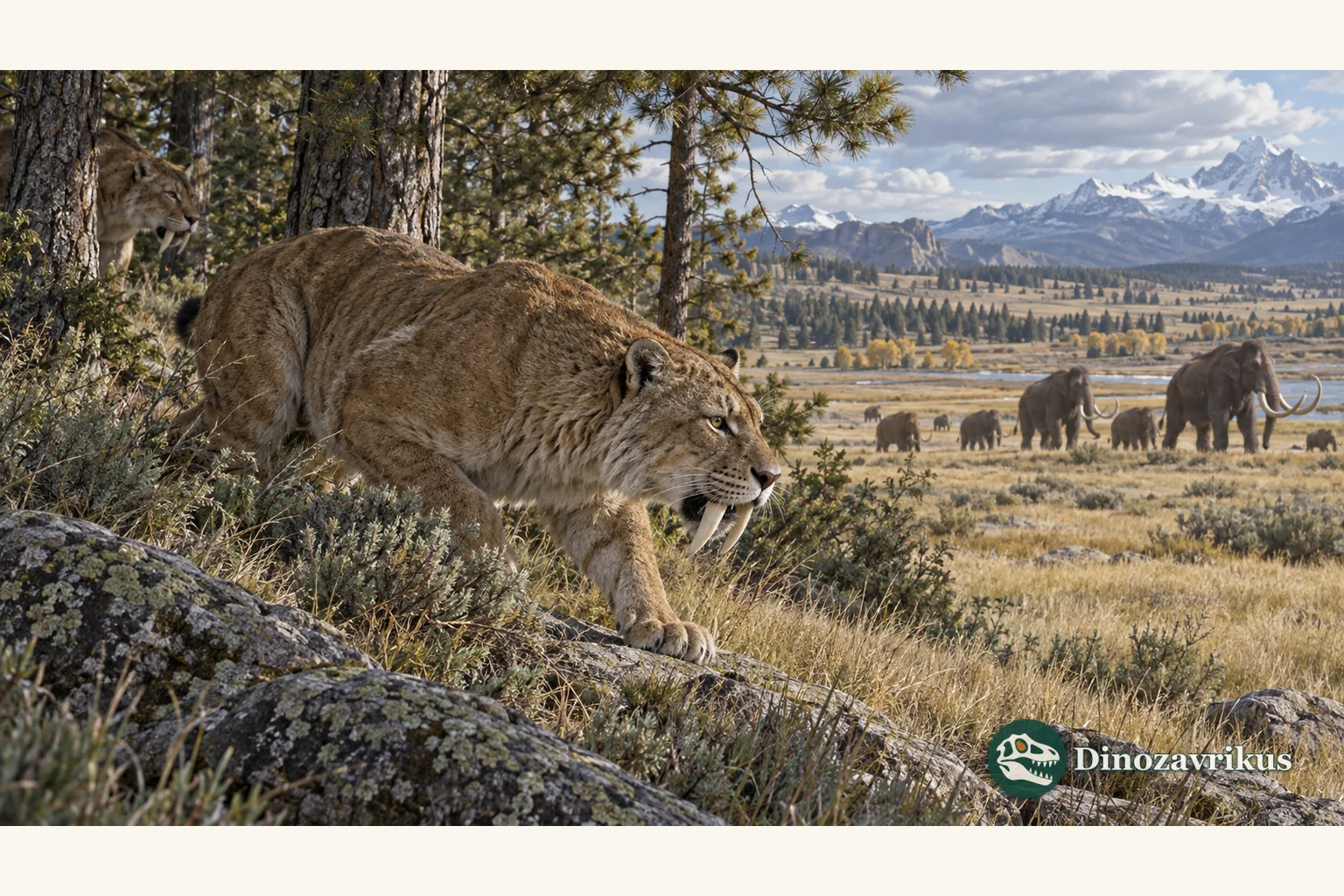 A Smilodon waits at the edge of a Pleistocene grassland with large herbivores in the distance