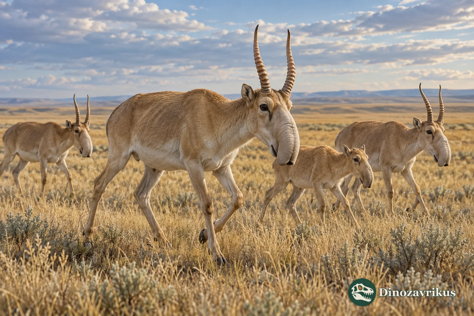 Saiga antelopes moving across open Kazakh steppe