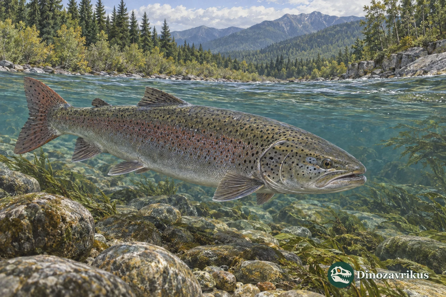 A large Sakhalin taimen swimming in a clear river in the Russian Far East