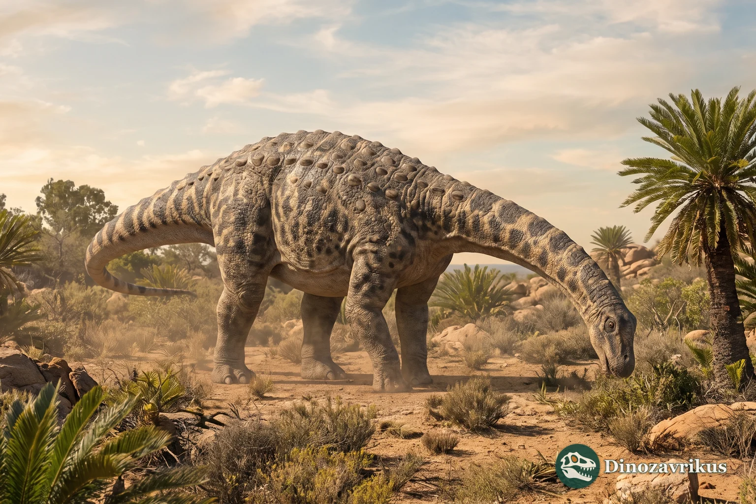 Reconstruction of Saltasaurus in a Late Cretaceous Argentine landscape