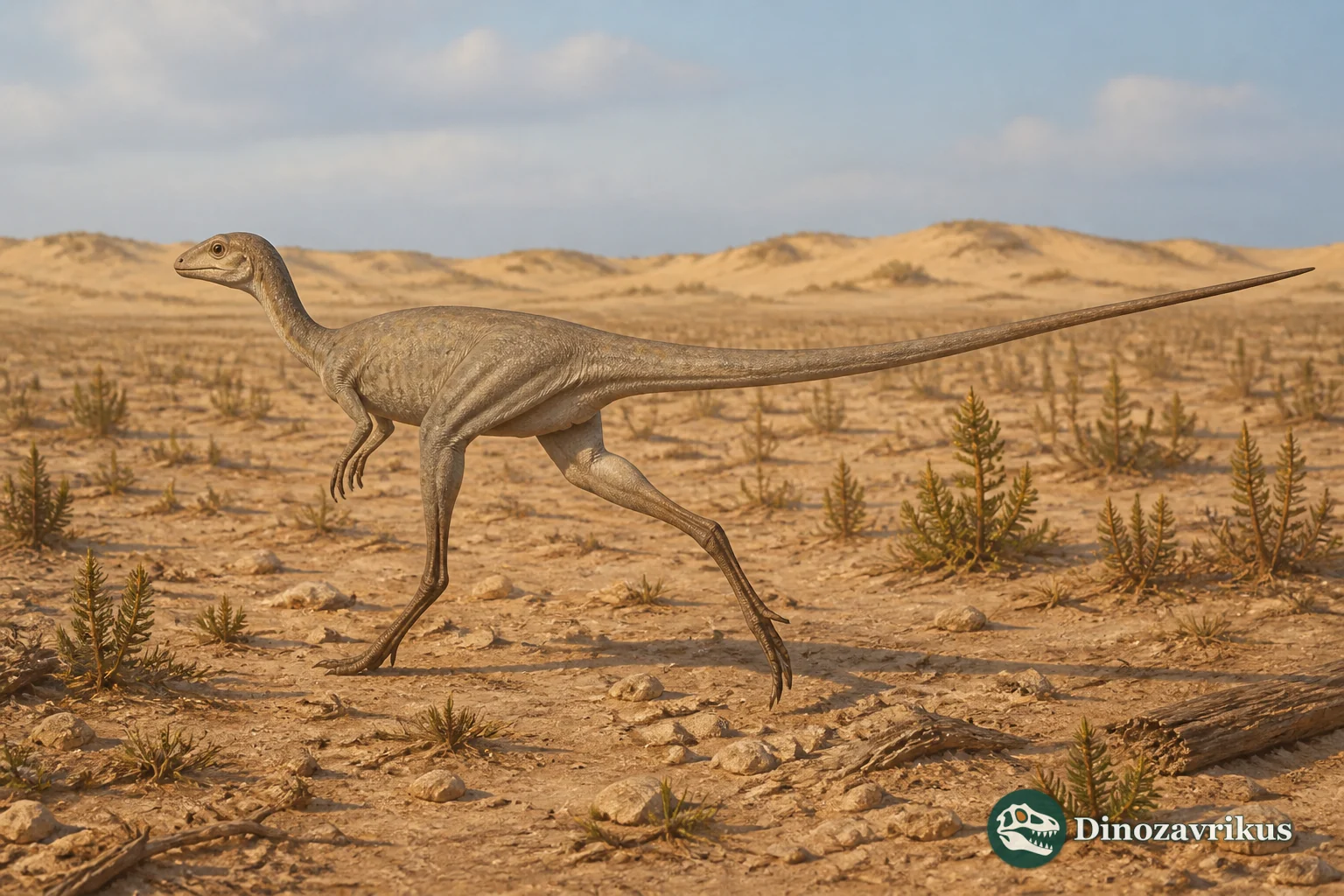 Saltopus reconstructed as a small biped running across a dry Late Triassic plain
