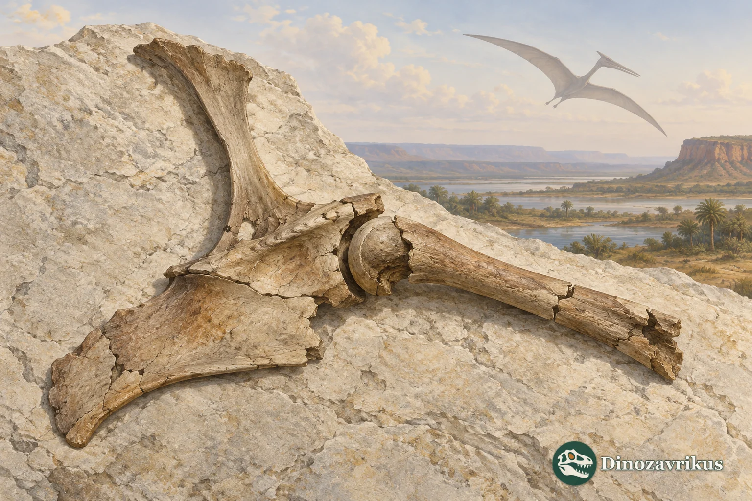 Artistic reconstruction of fragmentary pterosaur bones from the Araripe Basin with a distant flying silhouette
