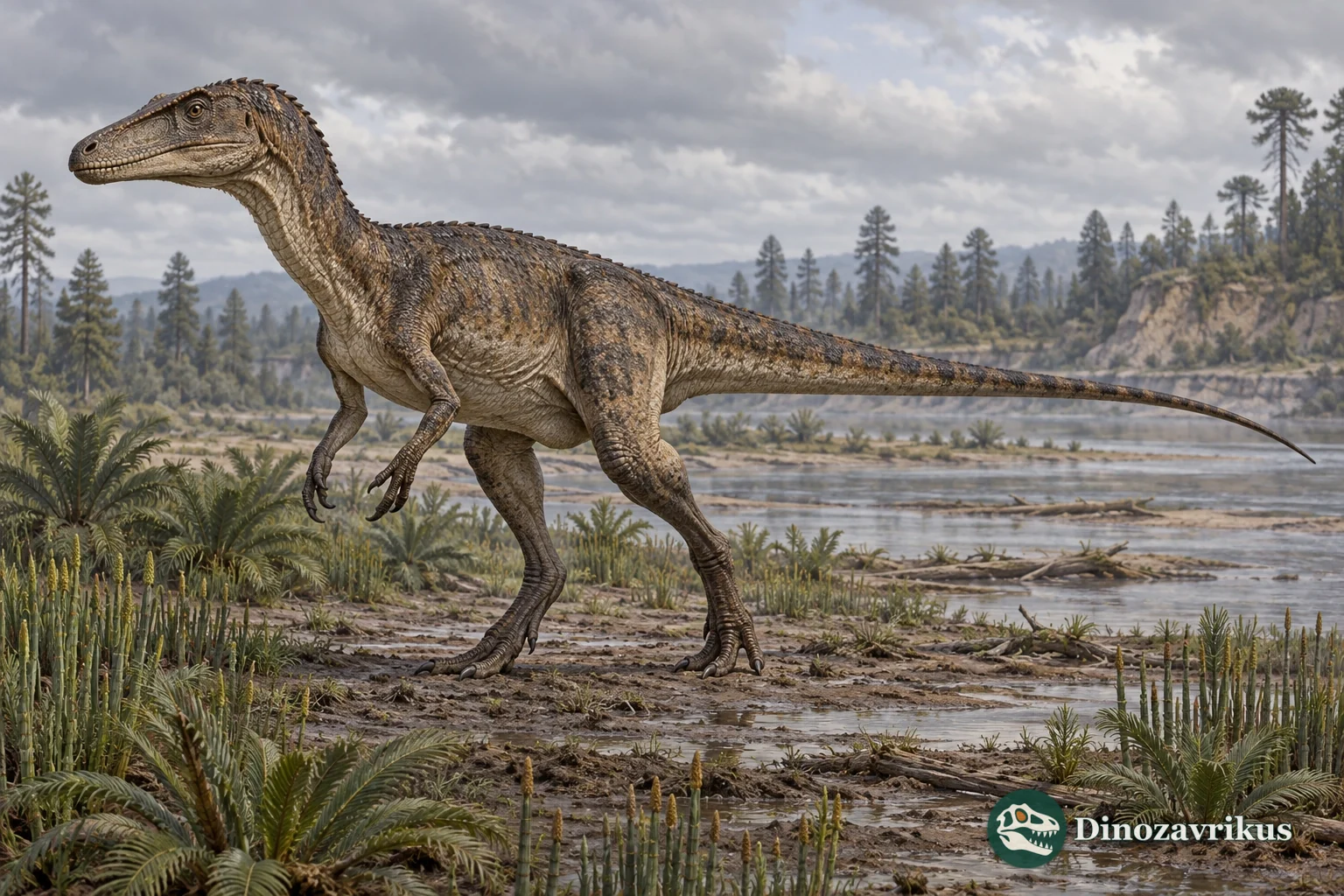 Sarcosaurus reconstructed on a damp Early Jurassic floodplain in central England