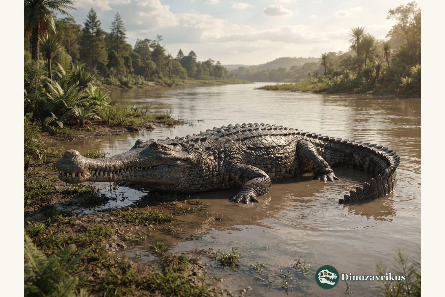 Sarcosuchus reconstructed beside an Early Cretaceous river in North Africa