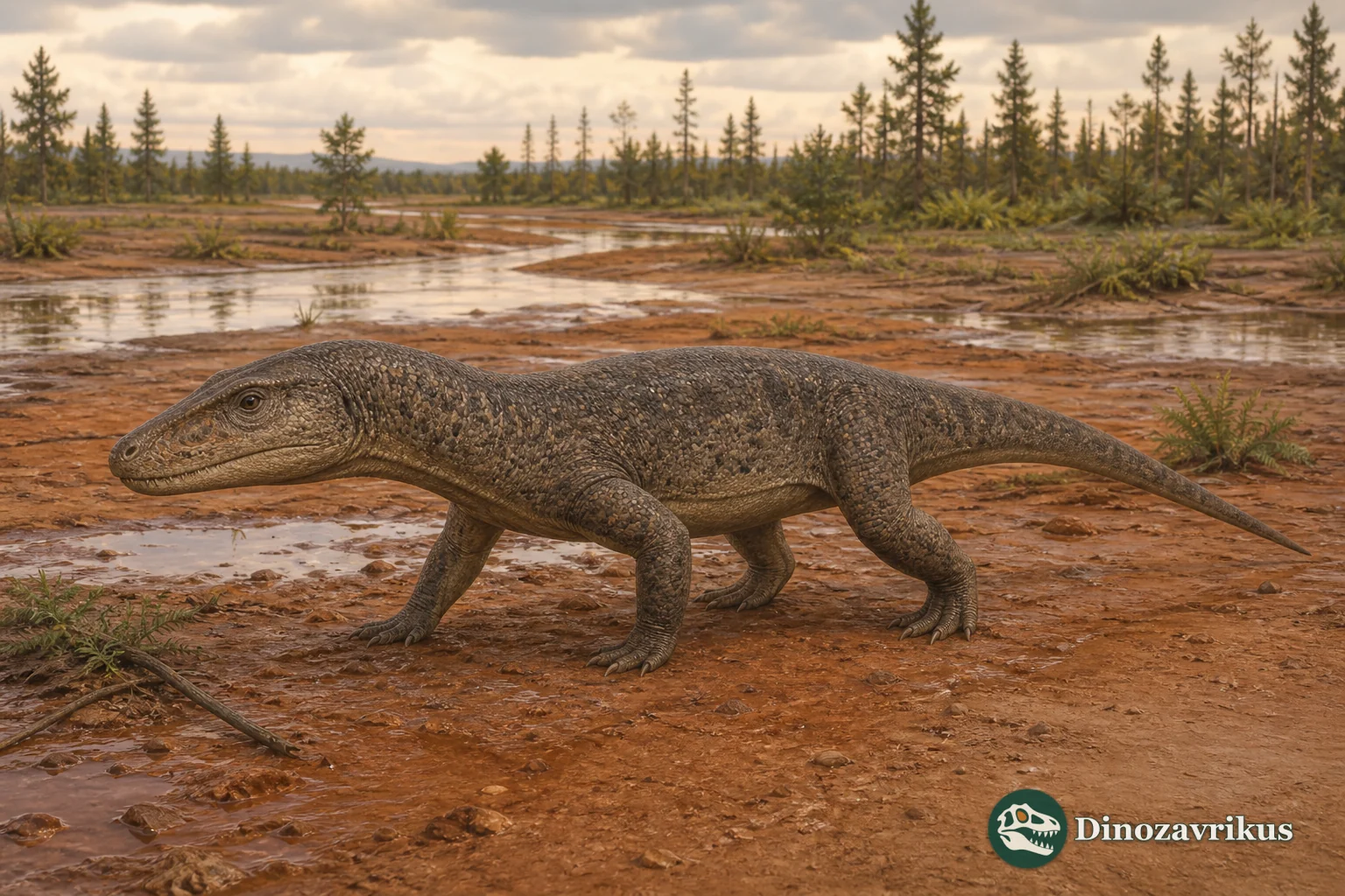 Sarmatosuchus otschevi beside a Triassic river channel in the southern Urals