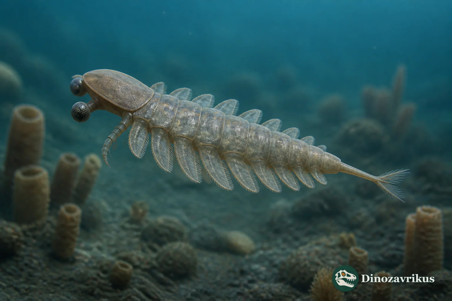 Scientific reconstruction of Sarotrocercus with its oval body, stalked eyes, paired trunk limbs and spiny terminal fan