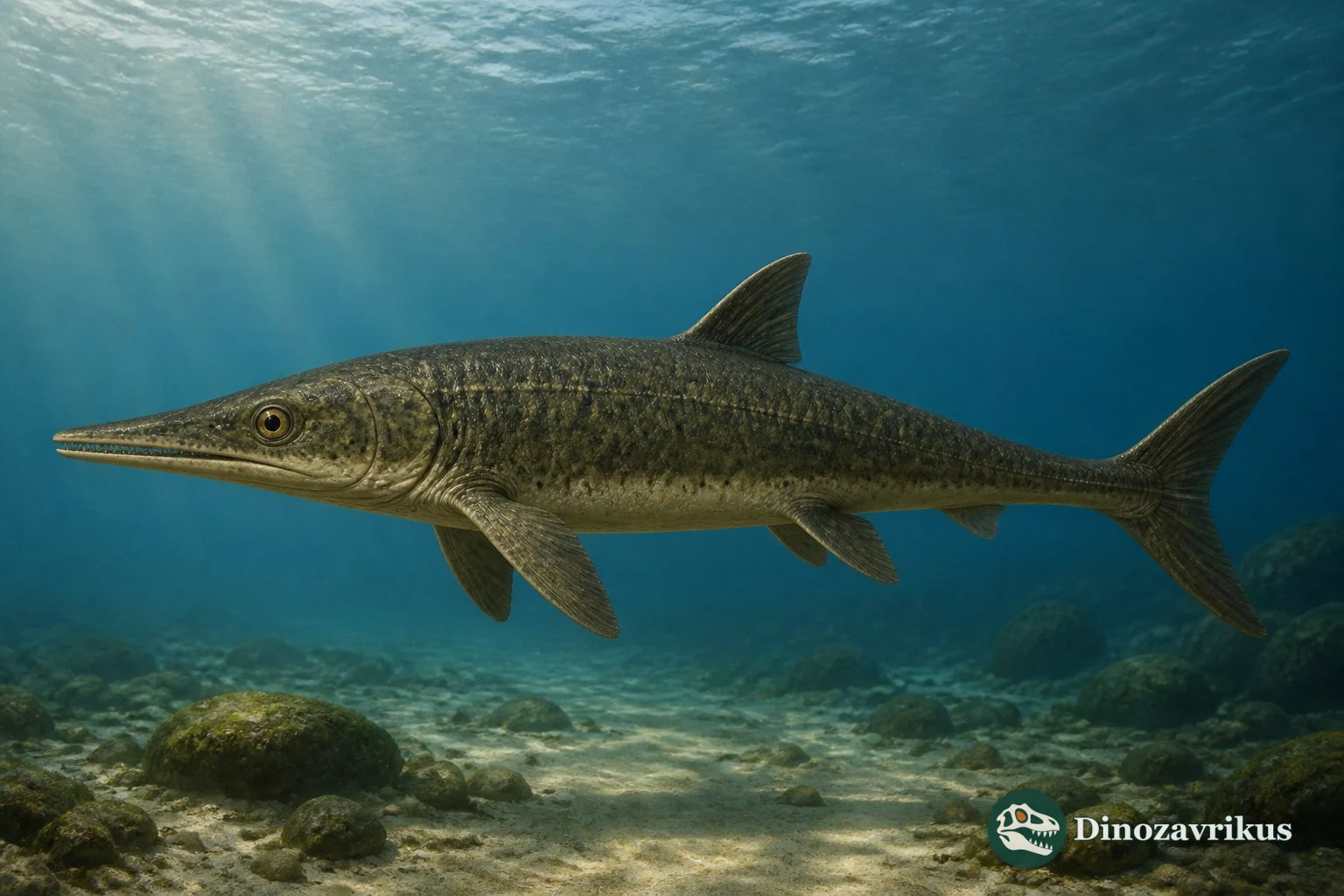 Saurichthys swimming through a Middle Triassic marine basin