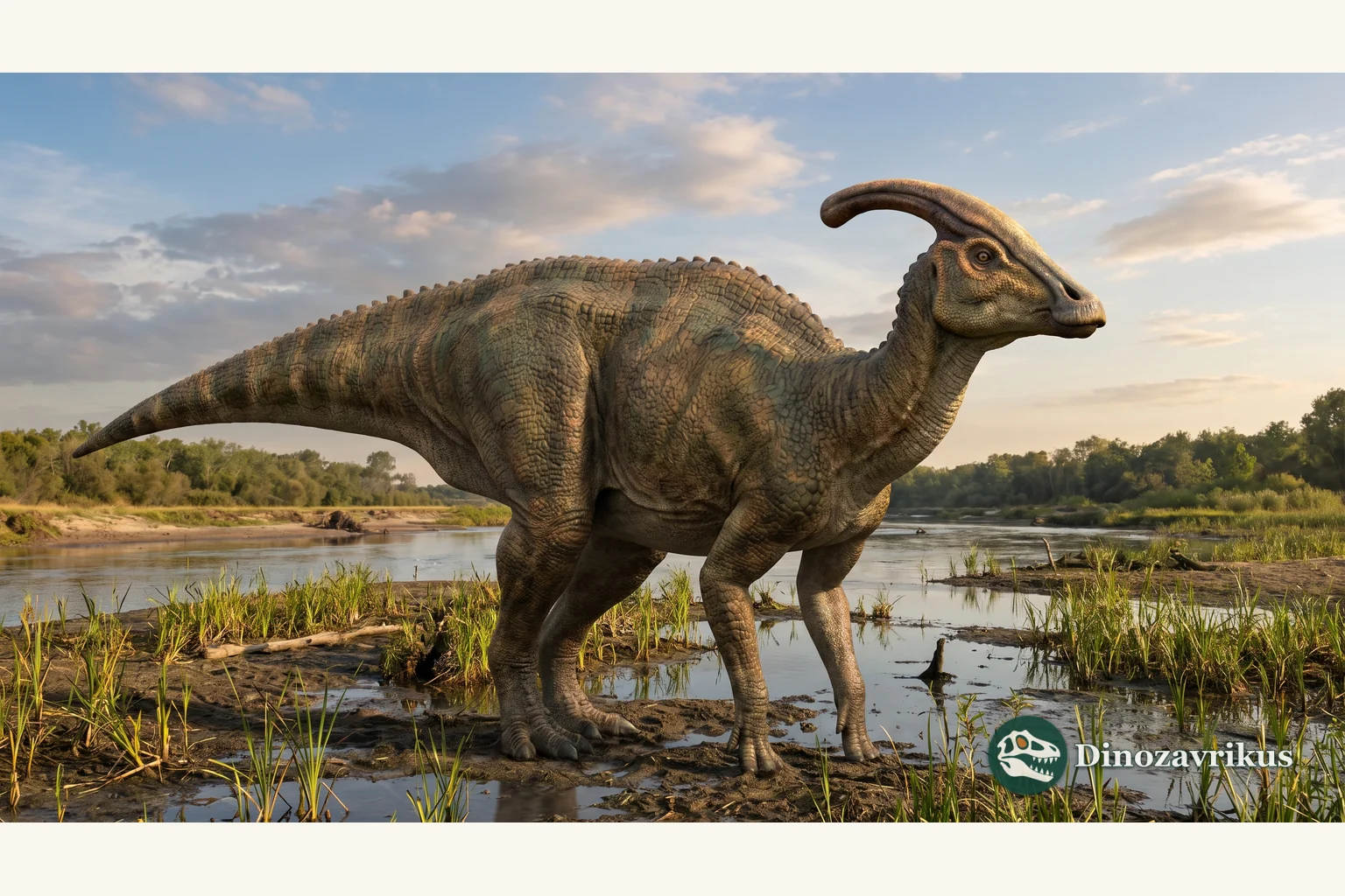 Saurolophus with its solid crest above a Late Cretaceous river plain