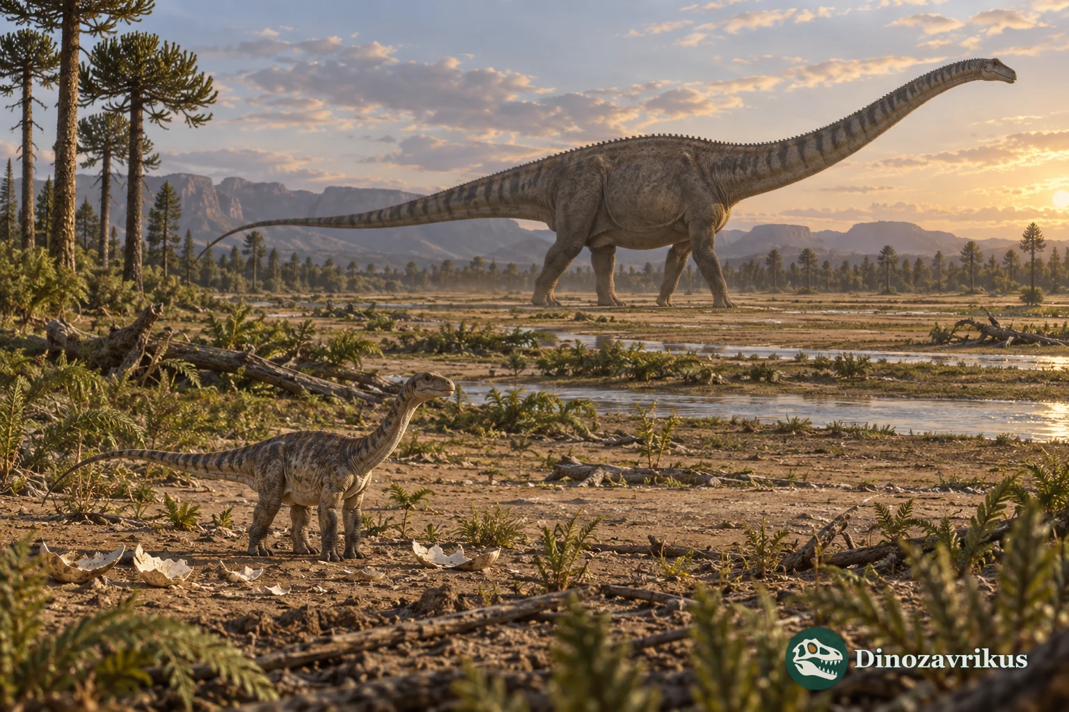 A recently hatched sauropod compared with a giant adult