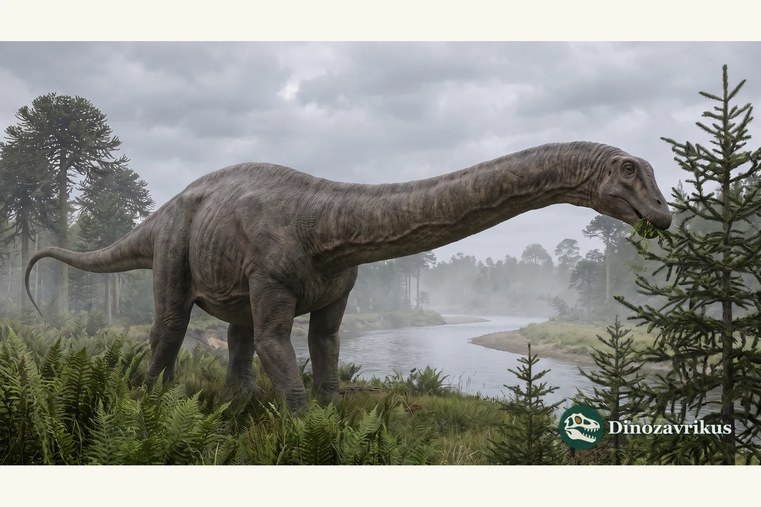 A Diplodocus walking across a Jurassic floodplain beside a river