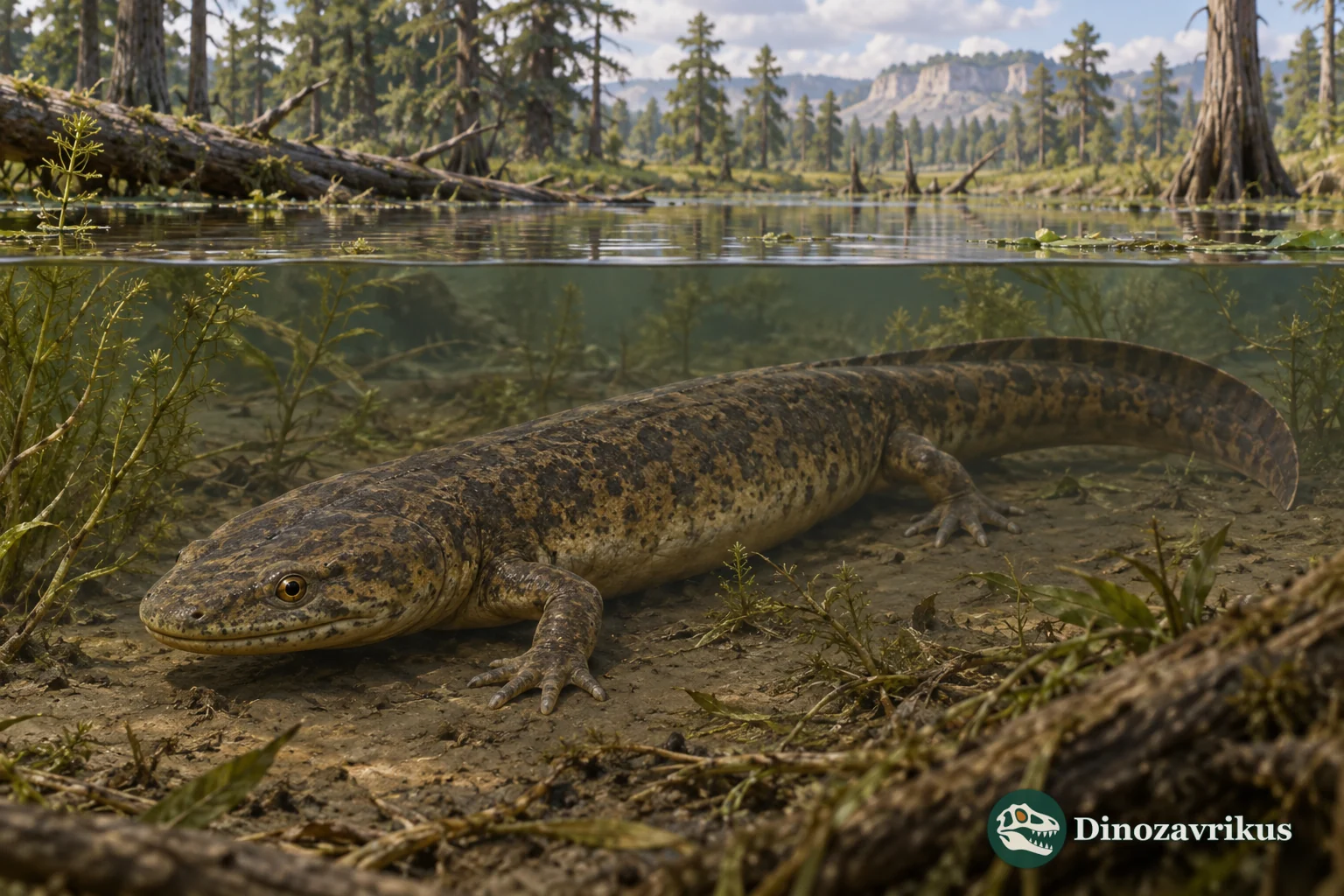 Scapherpeton tectum in a quiet freshwater pool on a North American floodplain