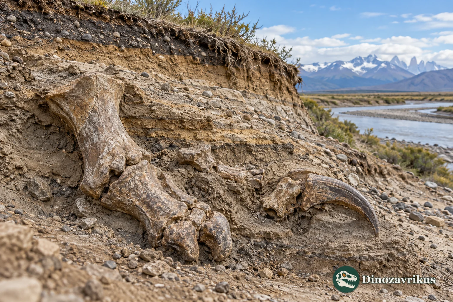 Illustration of ground-sloth bones emerging from sediment