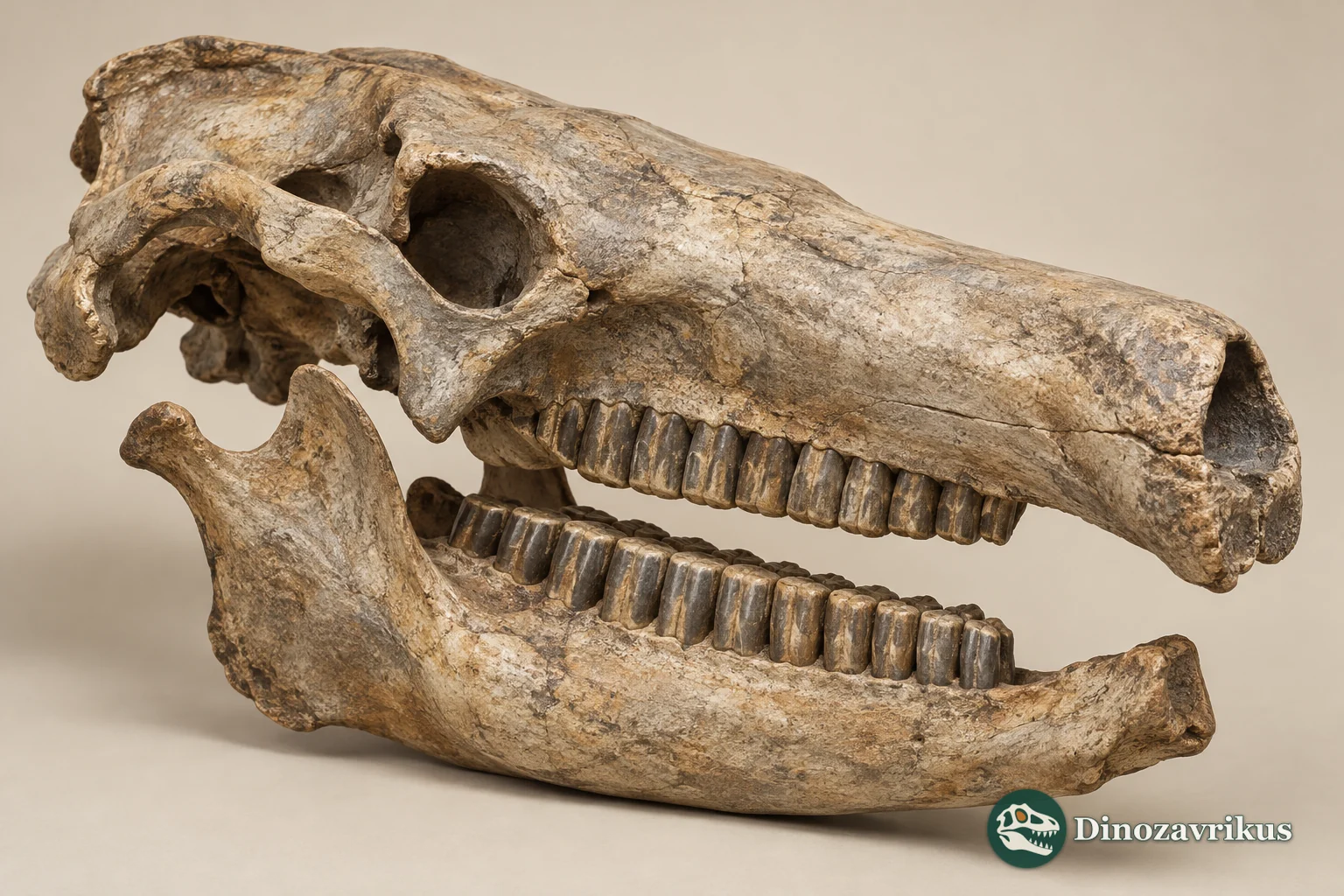Interpretive fossil skull and jaw of a long-snouted ground sloth